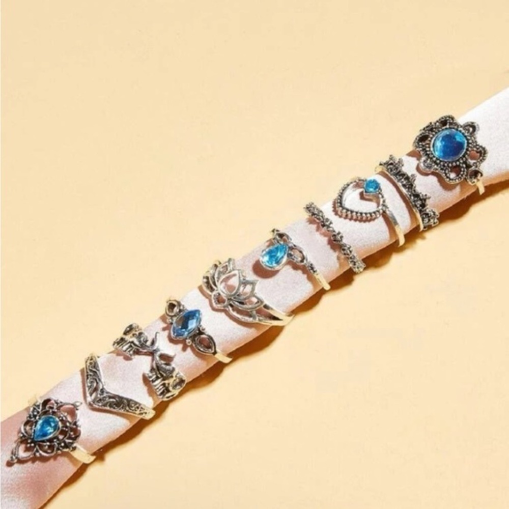Silver & Blue Lotus Rhinestone 10pc Ring Set